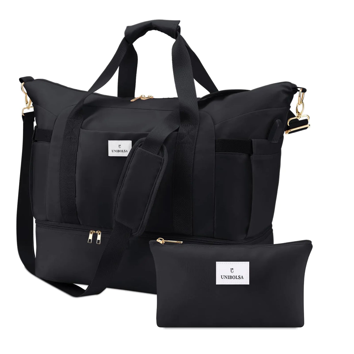 UNIBOLSA Weekender Bags for Women Large Travel Duffel Bags with Shoe Compartment and USB Charging Port Carry on Overnight Bag with Toiletry Bag for Gym Maternity Sports Business Trip - Black