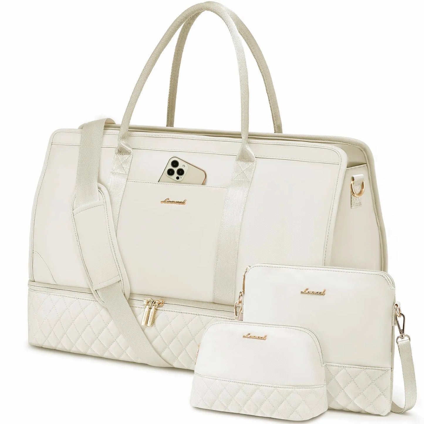 LOVEVOOK Weekender Bags for Women Travel Duffle Bag with Shoe Compartment Carry on Overnight Bag 3 Pcs Set Gym Duffel Bag with Wet Pocket Mom Hospital Bags for Labor and Delivery Beige